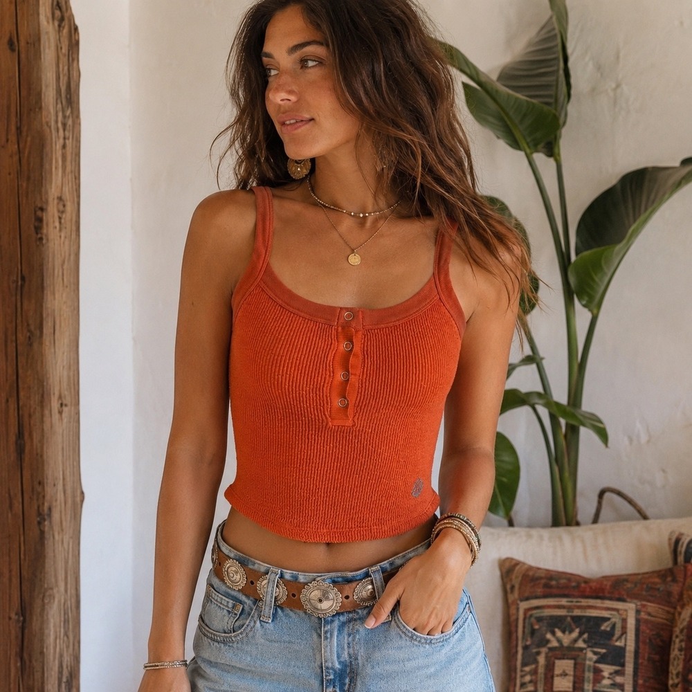 Free People Movement Orange Textured Snap Front Cropped Tank Top XS